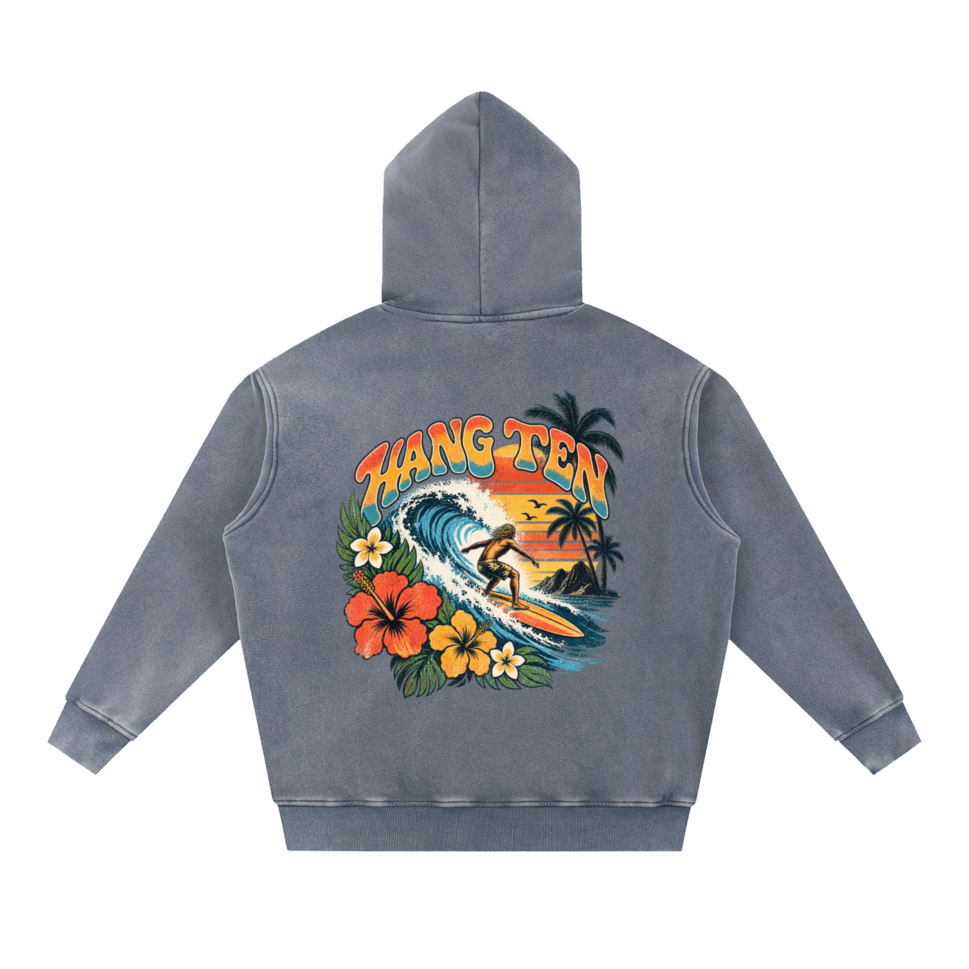Hang-ten 70s style surf Snow Wash Fleece Oversize Hoodie
