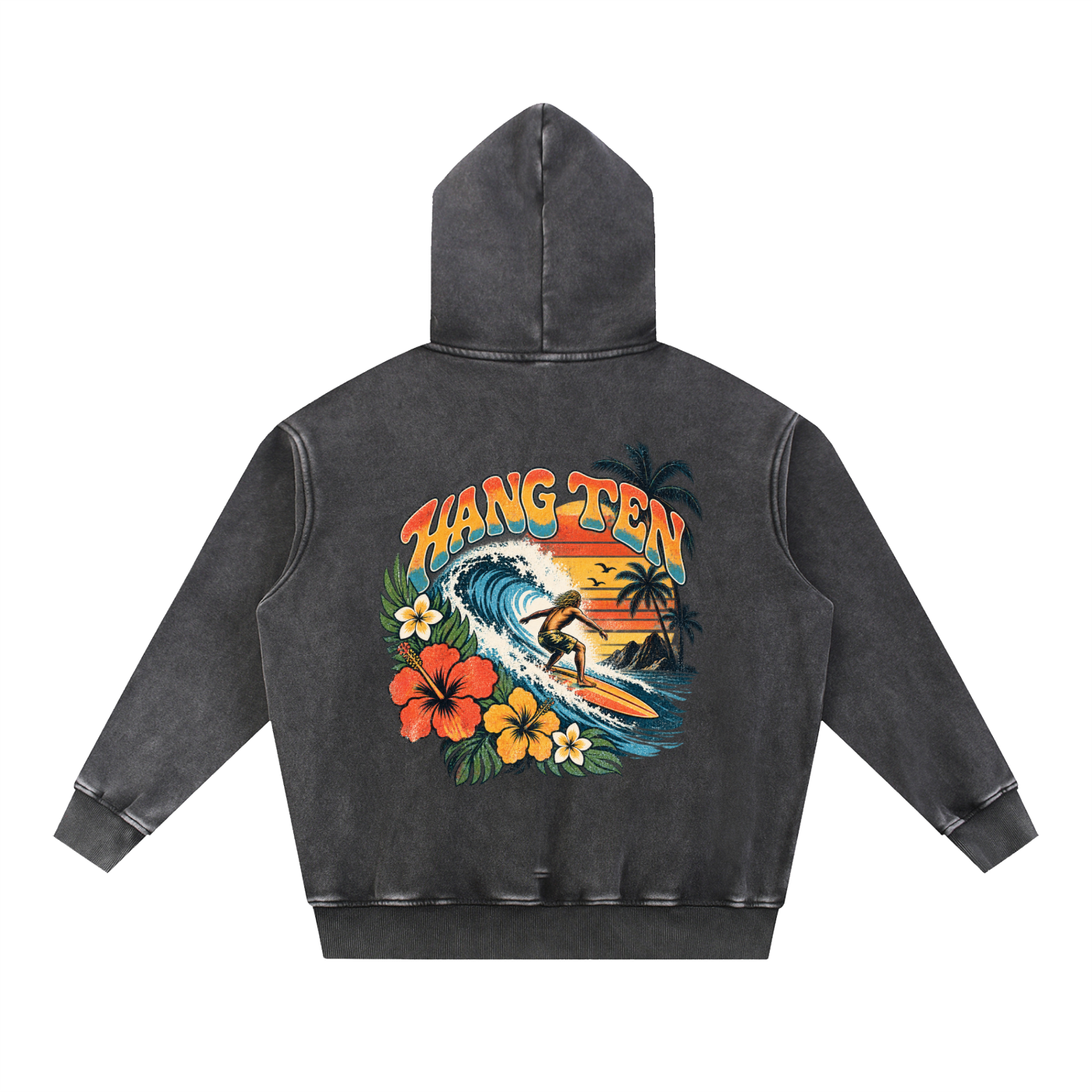 Hang-ten 70s style surf Snow Wash Fleece Oversize Hoodie